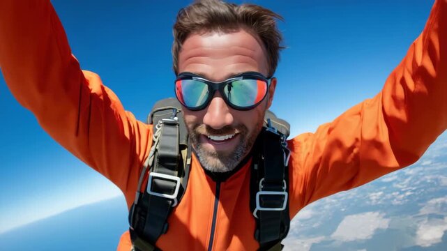 Joyful skydiver captures exhilarating freefall journey amidst stunning aerial vistas