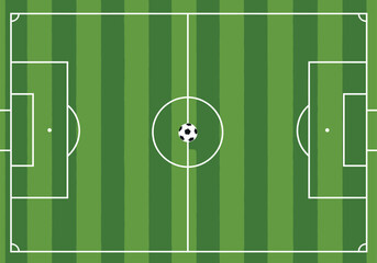 Vertical Top Down View of Green Soccer Field Background with Vertical Stripes and Ball at Center Circle for Football Match Tactics and Sports Design © Lunavera art
