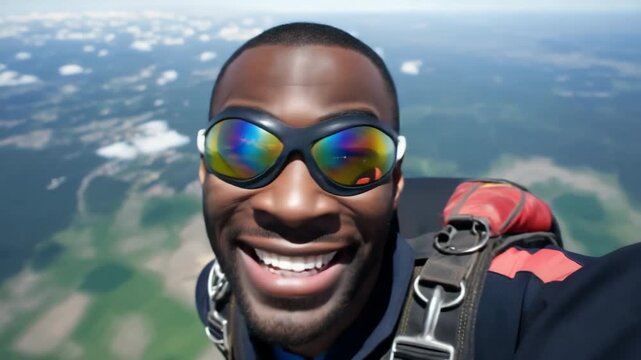 Skydiver thrills: exhilarating freefall adventure above clouddotted landscapes