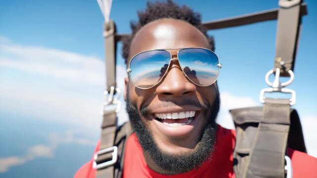Exhilarated skydiver smiling during parachute descent on a clear day