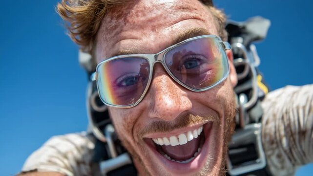 Exhilarated skydiver enjoying freefall with a bright smile and clear blue sky backdrop