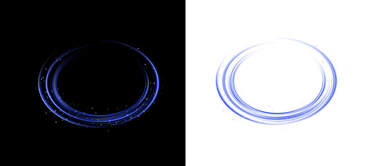 Glowing blue neon rings abstract light bokeh effect on png  black background