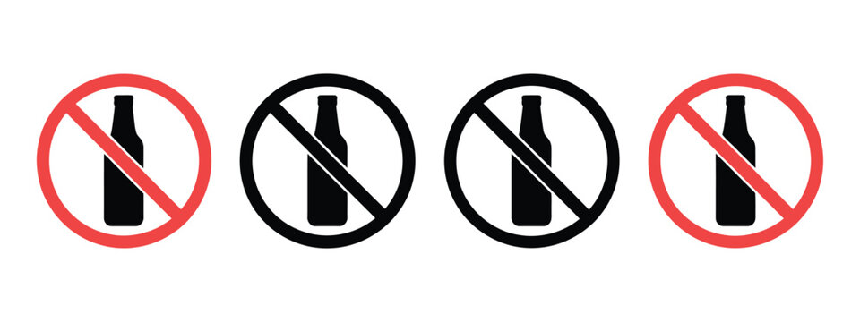 No alcohol sign icon set, prohibition symbol, no drinking warning