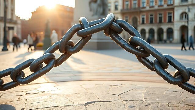 oganesson. Broken chain sculpture in a public square during morning light, symbolizing freedom. event programs, museum guides, designed for cultural heritage projects and event programs.