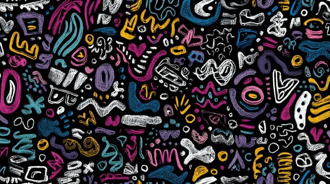 Colorful abstract graffiti art mural with vibrant doodles and urban street style on black background
