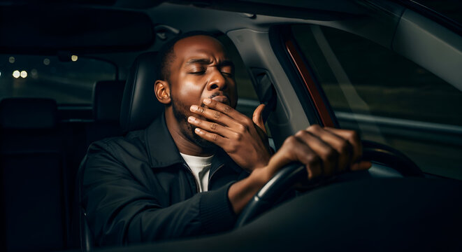 Exhausted Black Man Yawning While Driving Car at Night