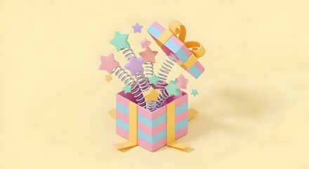 Fototapeta premium Isometric 3D surprise gift box with spring stars