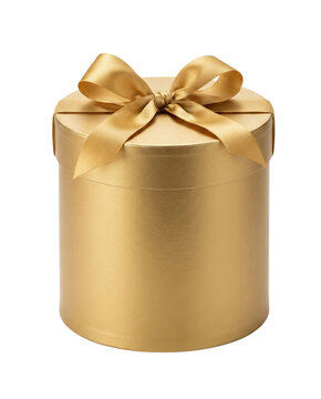 Round gold gift box with bow isolated. Luxury present packaging.