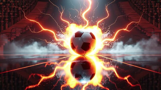 Minimalist anime illustration of Soccer ball blazes on wet floor&mdash;orange and red lightning strike from above