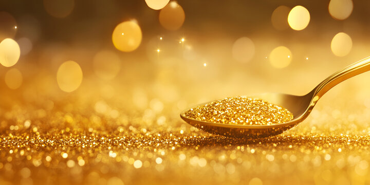 Golden Grains on Spoon with Warm Bokeh Light Background