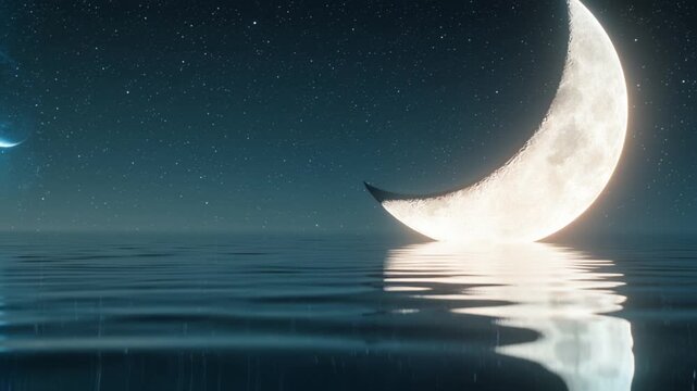 A luminous crescent moon illuminates a cool, reflective surface, evoking a sense of cosmic wonder and nocturnal beauty, copy space on a side