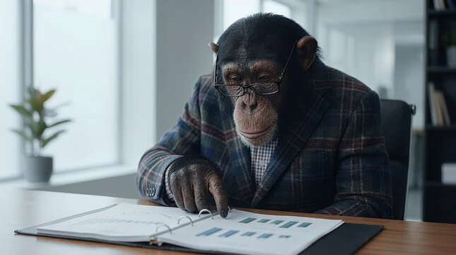 Chimpanzee in business attire examining documents indoors
