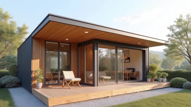 Modern prefab modular house, sustainable prefabricated architecture, eco-friendly construction, contemporary modular design, green housing, compact living