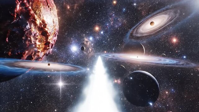 A vibrant cosmic scene with multiple planets, nebulae, and galaxies
