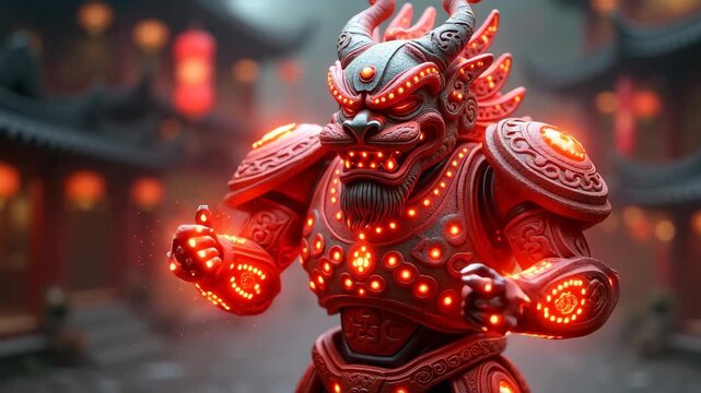 High fidelity Chinese guardian robot statue with glowing runes, rich colors, crisp shadows, atmospheric background