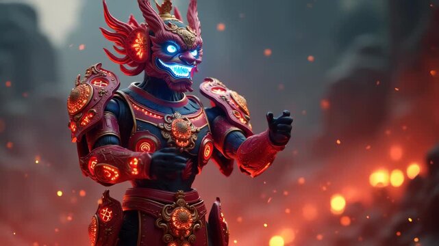 High fidelity Chinese guardian robot statue with glowing runes, rich colors, crisp shadows, atmospheric background