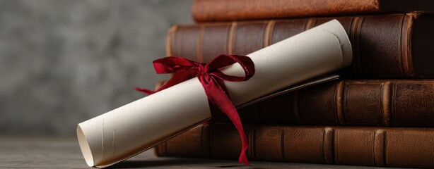 The Diploma Scroll Resting Against a Stack of Vintage Leather Bound Books on Table