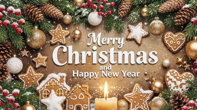 Merry christmas and happy new year greeting card with gingerbread and ornaments