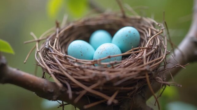 Bird nest eggs blue speckled, spring nesting season wildlife, twigs branches woven carefully, new life beginning concept, nature reproduction cycle natural