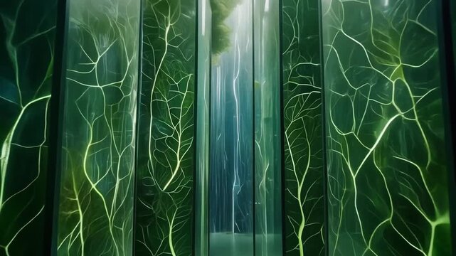 glass canyon walls with organic leaf-vein patterns etched inside the glass