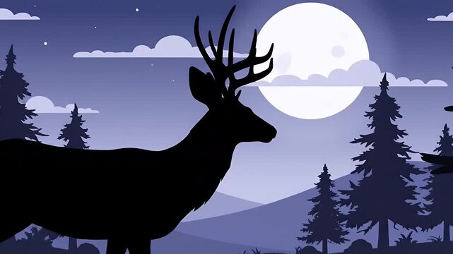 Deer silhouette grazing in forest at night with full moon
