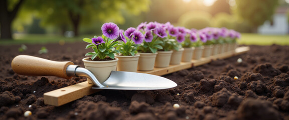 Row of potted flowers ready for planting in garden soil outdoors  