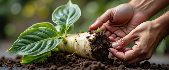 Hands planting a perennial flower in rich soil for a garden  