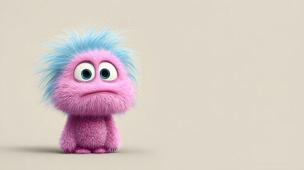 Fototapeta premium Cute Pink Creature with Blue Hair in Adorable Expression