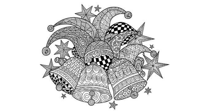  Detailed zentangle line art of jester bells and stars