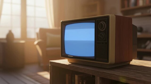 Vintage television set in a sunlit living room showing a technical difficulties, please stand by message before the signal is lost and the screen turns to a solid blue color