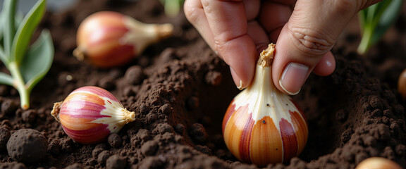 Hand planting tulip bulb into soil in a flower garden setting  