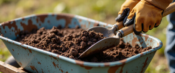 Person mixing soil with fertilizer in a wheelbarrow for gardening  