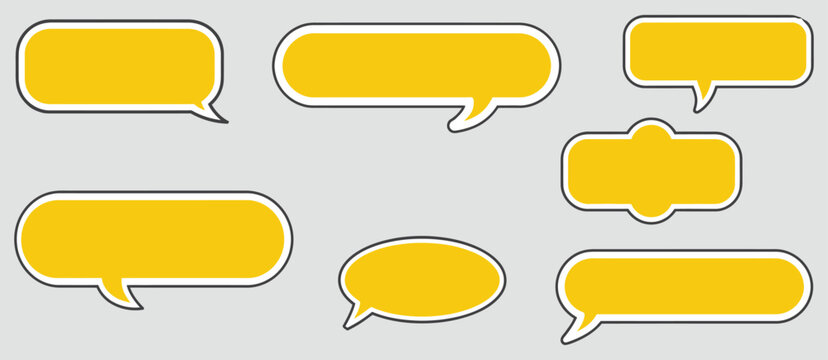 Quote box frame icons, yellow chat bubbles, speech bubble symbol, conversation dialogue, quote mark icon, flat vector design