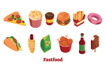 Fast food collection with pizza burger and fried chicken icons isolated on white background