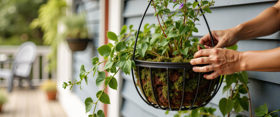 Person planting ampelous flowers in hanging basket on porch  
