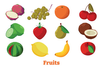 Fresh fruits set with tropical and garden fruit icons isolated on white background