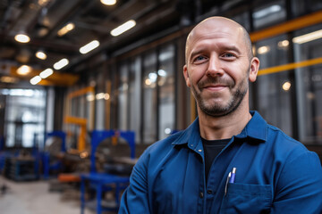 Obraz premium Portrait of middle aged Caucasian man smiling confidently while standing in industrial workshop, arms crossed, machinery and equipment visible in blurred background, wearing work uniform