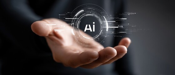 Obraz premium Businessman displays a virtual icon of ai with digital connections on a dark background, signifying future technology in industry