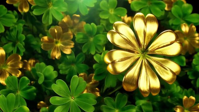 Macro shot of lush green clover leaves with a shimmering golden four-leaf clover