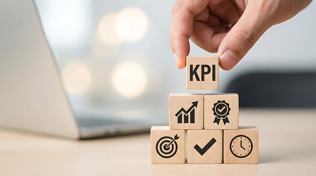 A hand places a wooden cube labeled  KPI  on top of a stack of blocks with business icons, symbolizing performance measurement and strategic goal achievement in a professional setting.