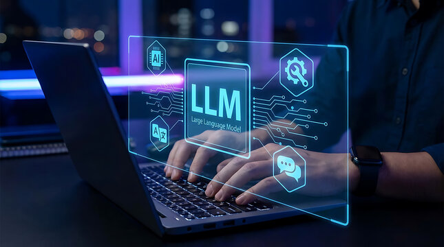 A person types on a laptop, interacting with a futuristic glowing digital interface displaying a Large Language Model concept and artificial intelligence icons in a dark environment.