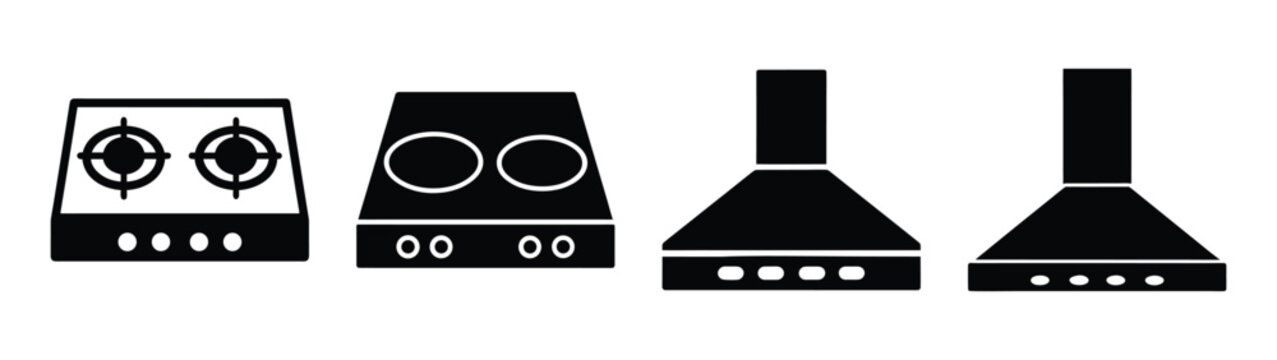 A set of modern kitchen stove icons in a flat, minimalist design silhouette