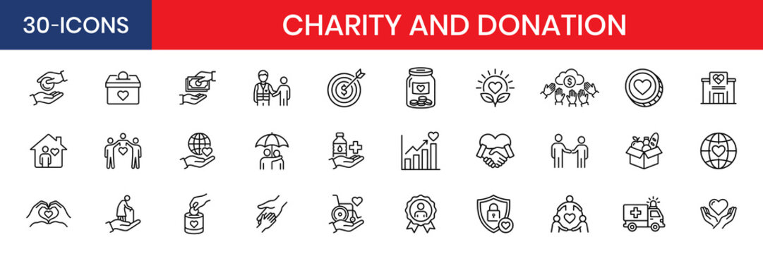 Charity And Donation Thin Line Icon Set