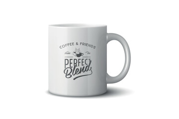 Naklejka premium Vector 3d Realistic White Coffee Mug Mockup with Vintage Typography Print. Ceramic Cup for Branding and Merch Design. Realistic 3d Vector Illustration Isolated