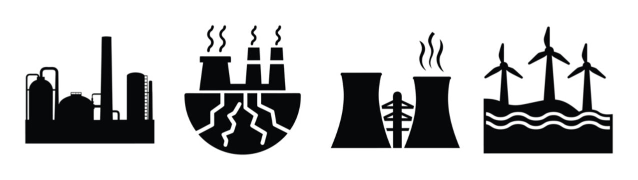 A set of industrial and renewable energy icons in silhouette mode