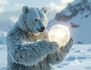 Bear-human guardian holding radiant sphere, surreal snowy expanse