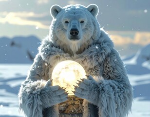 Bear-human guardian holding radiant sphere, surreal snowy expanse