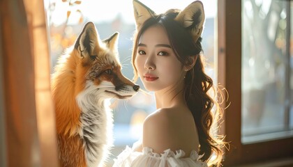 Elegant human-fox fusion figure, soft window light, medium format camera