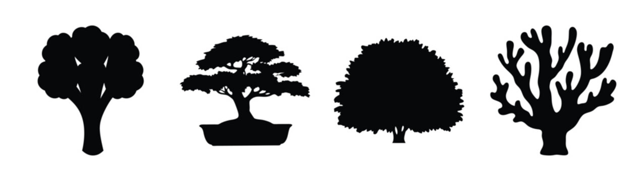 A set of tree silhouettes in various shapes and styles on a white background silhouette