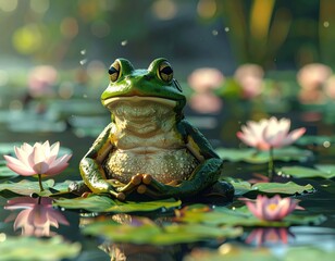 Frog-human monk meditating on levitating lily pads, serene surreal